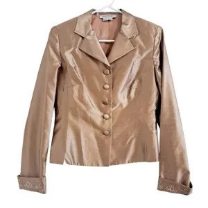 Kay Unger Women's‎ Silk Size 6-S Gold Beige Solid Button Up Embroidered Jacket
