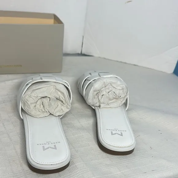 Kayli White Leather Woven Slide Sandals by  Marc Fisher LTD