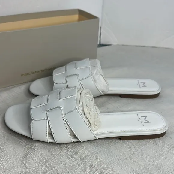 Kayli White Leather Woven Slide Sandals by  Marc Fisher LTD