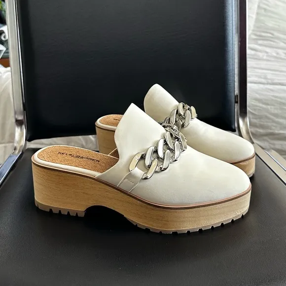 KELSI DAGGER Platform Leather Mules Silver Chain Hardware in Cream-9.5~Orig $180