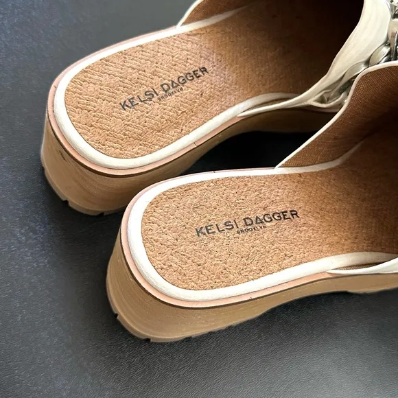 KELSI DAGGER Platform Leather Mules Silver Chain Hardware in Cream-9.5~Orig $180