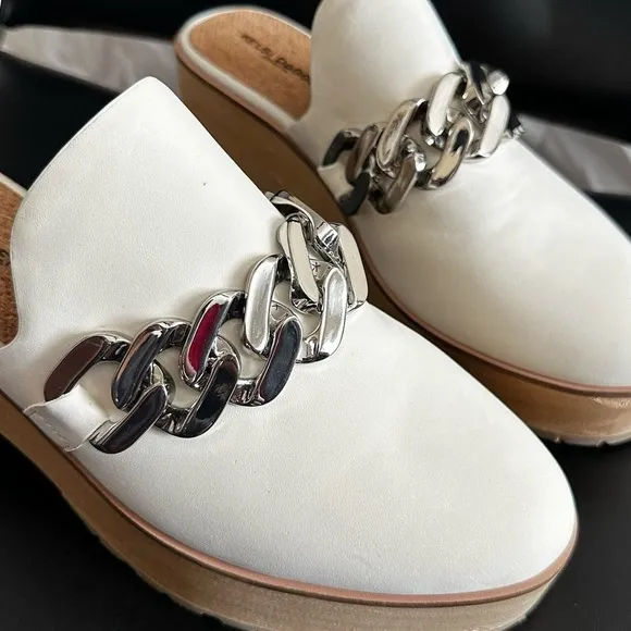 KELSI DAGGER Platform Leather Mules Silver Chain Hardware in Cream-9.5~Orig $180