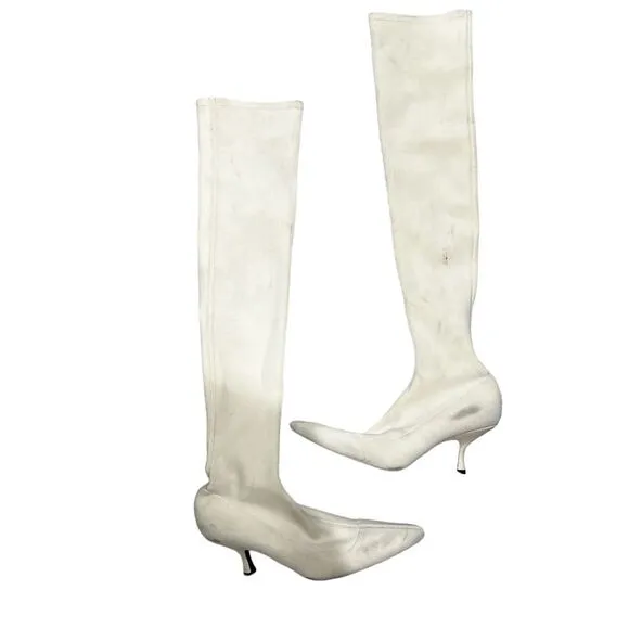Khaite Taylor Women's White Over-the-Knee Neoprene Kitten Heel Boots Size 10