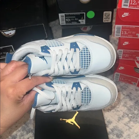 Kids Jordan Retro 4 White and Blue Shoes