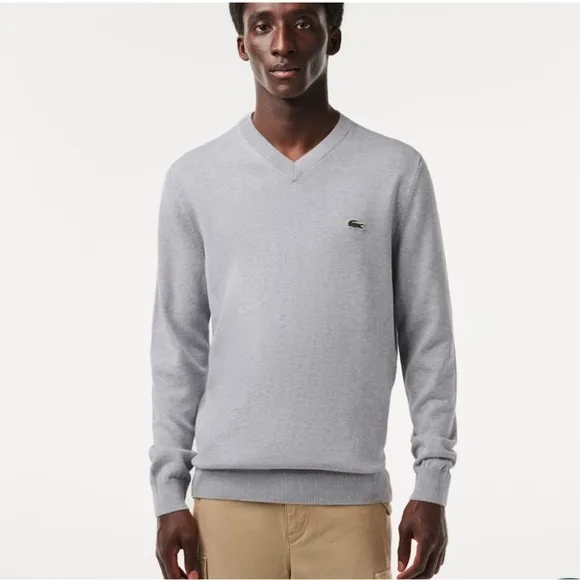 LACOSTE Mens V Neck Cotton Sweater Classic Fit Marled Jersey Grey Sz M