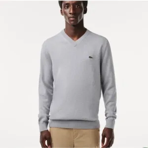 LACOSTE Mens V Neck Cotton Sweater Classic Fit Marled Jersey Grey Sz M