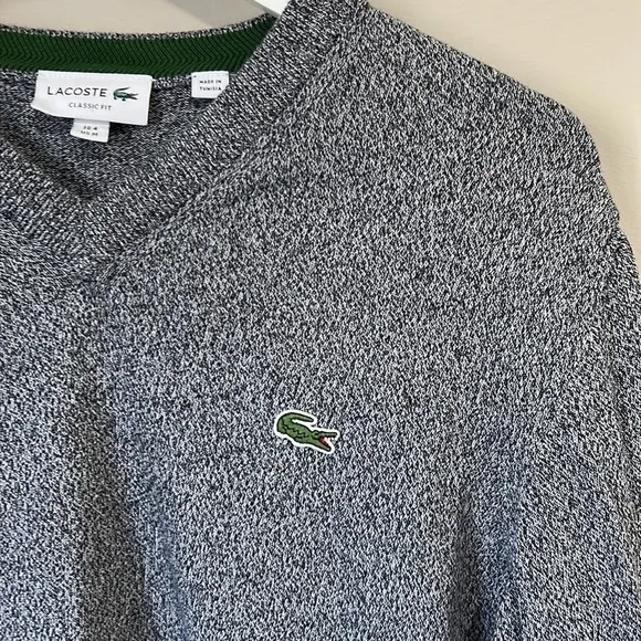 LACOSTE Mens V Neck Cotton Sweater Classic Fit Marled Jersey Grey Sz M