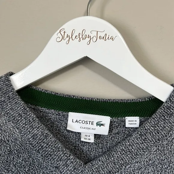 LACOSTE Mens V Neck Cotton Sweater Classic Fit Marled Jersey Grey Sz M