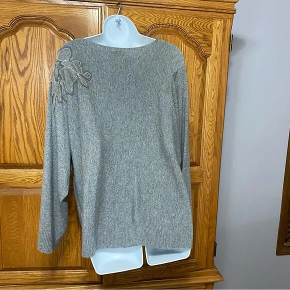 Lafayette 148 Baroque Hand-Beaded 100% Cashmere Sweater Grey Women’s Size Small