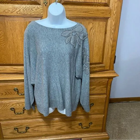 Lafayette 148 Baroque Hand-Beaded 100% Cashmere Sweater Grey Women’s Size Small