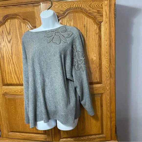 Lafayette 148 Baroque Hand-Beaded 100% Cashmere Sweater Grey Women’s Size Small