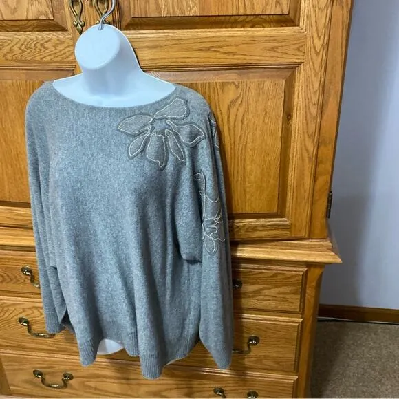 Lafayette 148 Baroque Hand-Beaded 100% Cashmere Sweater Grey Women’s Size Small