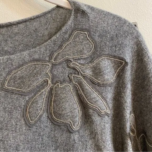 Lafayette 148 Baroque Hand-Beaded 100% Cashmere Sweater Grey Women’s Size Small