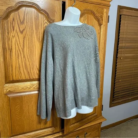 Lafayette 148 Baroque Hand-Beaded 100% Cashmere Sweater Grey Women’s Size Small