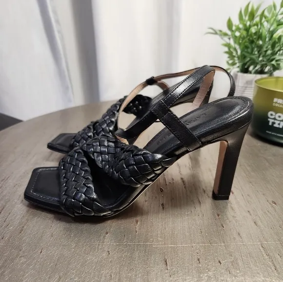 LAFAYETTE 148‎ New York Black Meritte Woven Braided Leather Slingback Sandals 7