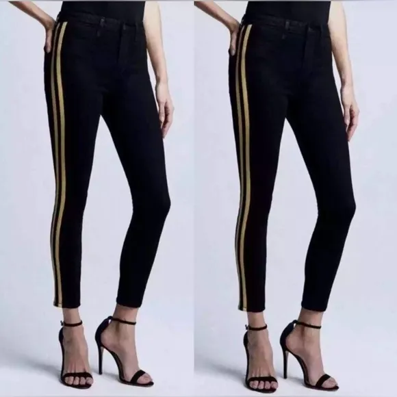 L’AGENCE Margot high rise gold stripe skinny jeans black size 30/8