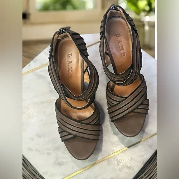 L.A.M.B. Y2K 90s Bernadette Leather Sandals Wedges Heels Size 7.5