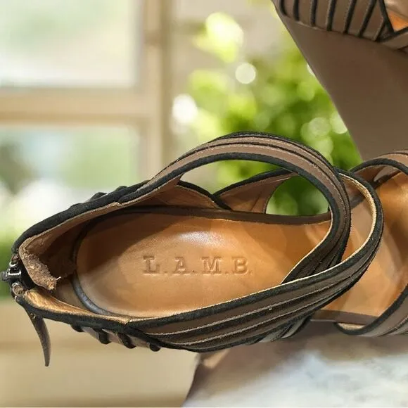 L.A.M.B. Y2K 90s Bernadette Leather Sandals Wedges Heels Size 7.5