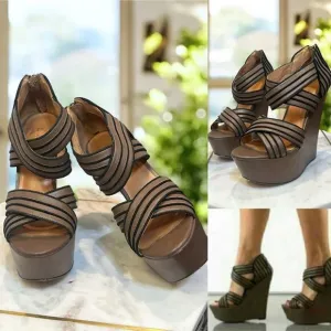 L.A.M.B. Y2K 90s Bernadette Leather Sandals Wedges Heels Size 7.5