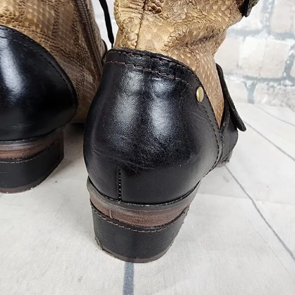 L'Artiste Spring Step 3 Tone Leather Ankle Boot Reptile Steampunk Tan Black 37
