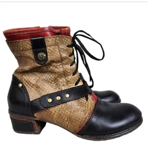 L'Artiste Spring Step 3 Tone Leather Ankle Boot Reptile Steampunk Tan Black 37