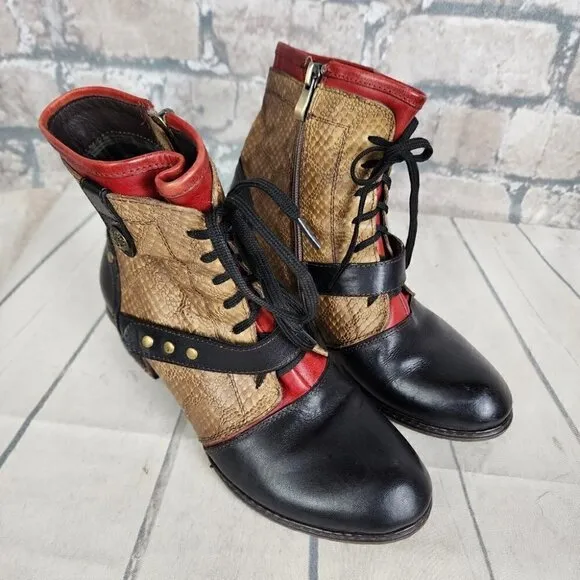L'Artiste Spring Step 3 Tone Leather Ankle Boot Reptile Steampunk Tan Black 37