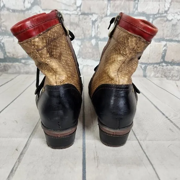 L'Artiste Spring Step 3 Tone Leather Ankle Boot Reptile Steampunk Tan Black 37