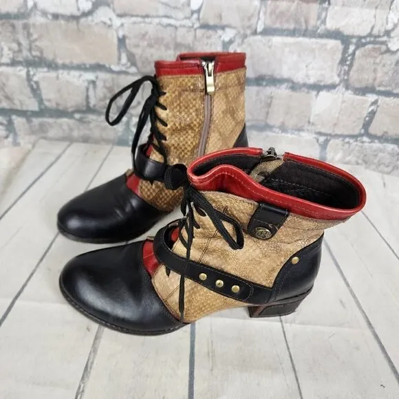 L'Artiste Spring Step 3 Tone Leather Ankle Boot Reptile Steampunk Tan Black 37