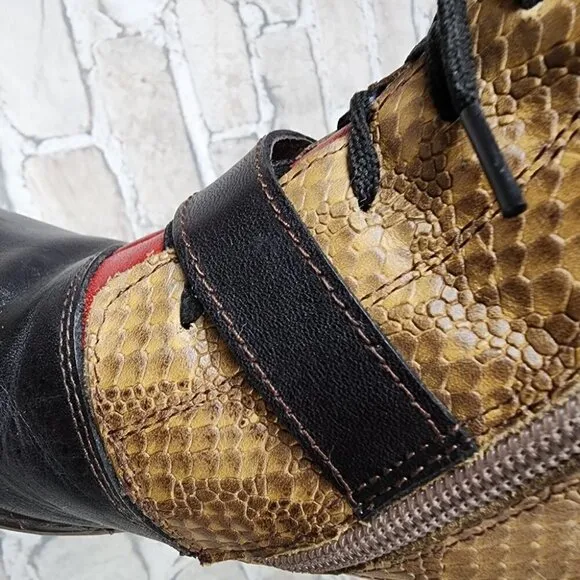 L'Artiste Spring Step 3 Tone Leather Ankle Boot Reptile Steampunk Tan Black 37