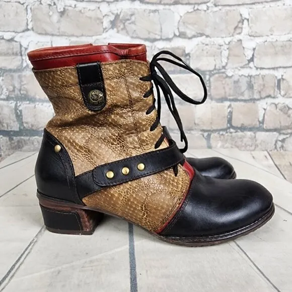 L'Artiste Spring Step 3 Tone Leather Ankle Boot Reptile Steampunk Tan Black 37