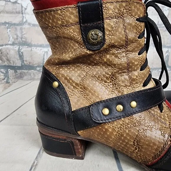 L'Artiste Spring Step 3 Tone Leather Ankle Boot Reptile Steampunk Tan Black 37