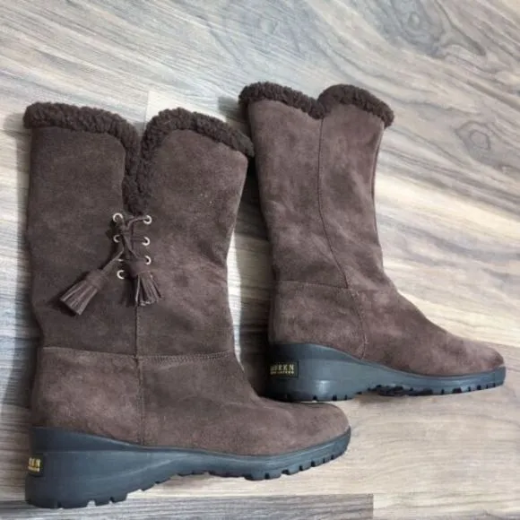 Lauren Ralph Lauren Tadina Brown Suede Leather Shearling Boot Size Women's‎ 9B
