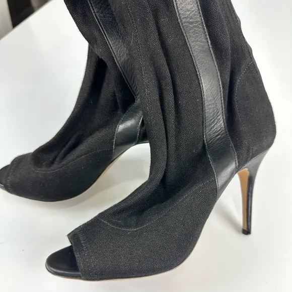 Laurence Dacade Women’s 37 US 7 Black Canvas Over The Knee Thigh Boots Peep Toe