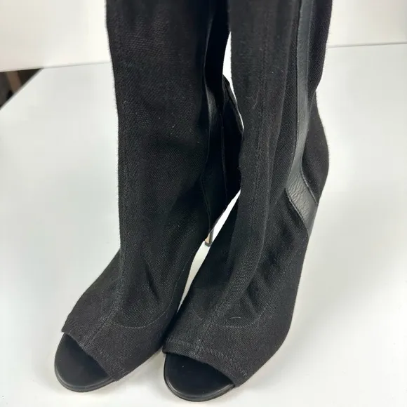 Laurence Dacade Women’s 37 US 7 Black Canvas Over The Knee Thigh Boots Peep Toe