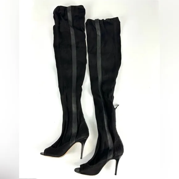 Laurence Dacade Women’s 37 US 7 Black Canvas Over The Knee Thigh Boots Peep Toe