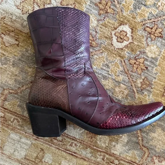 Leather/Snakeskin Vic Matie Purple and Black Heeled Boots with Mid-Calf Height