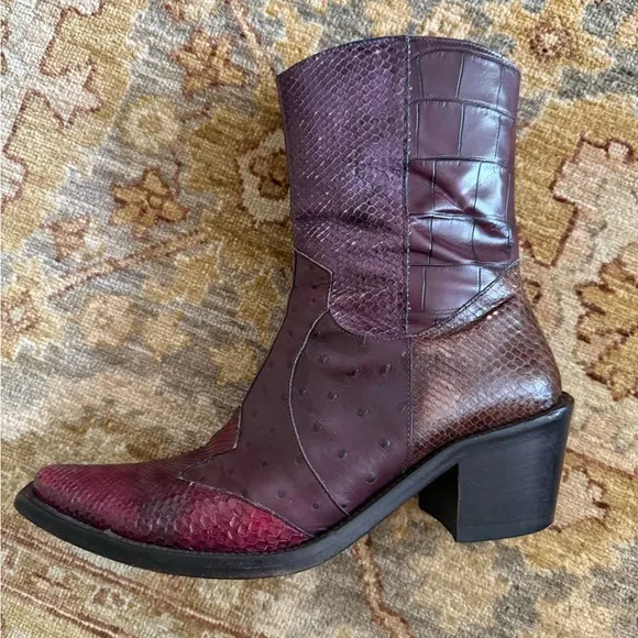 Leather/Snakeskin Vic Matie Purple and Black Heeled Boots with Mid-Calf Height