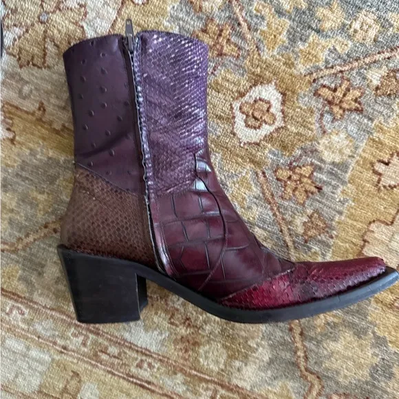 Leather/Snakeskin Vic Matie Purple and Black Heeled Boots with Mid-Calf Height
