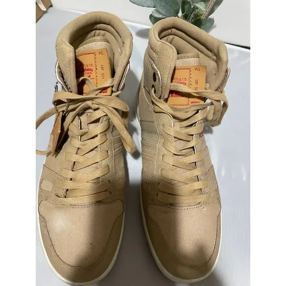 Levis Mens High-Top Sneakers Size 10 Beige Canvas Lace-Up Casual Shoes