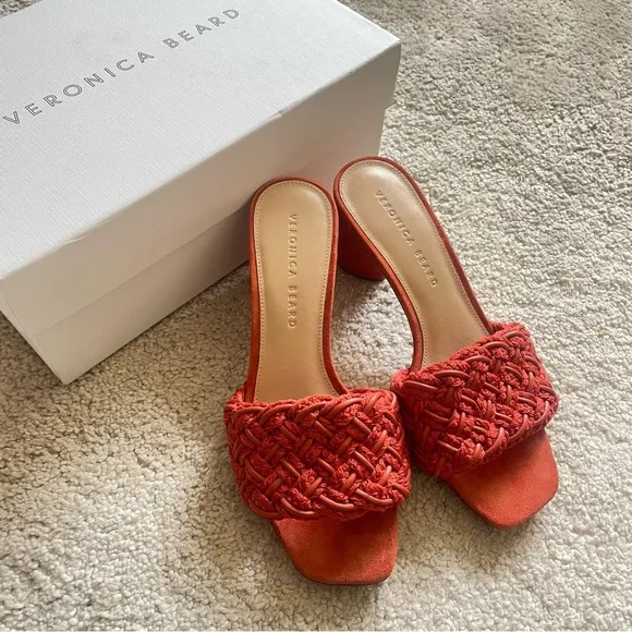 Like new! Veronica Beard Kerra Woven Block-Heel Slide Sandals. Coral size 7