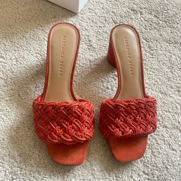 Like new! Veronica Beard Kerra Woven Block-Heel Slide Sandals. Coral size 7