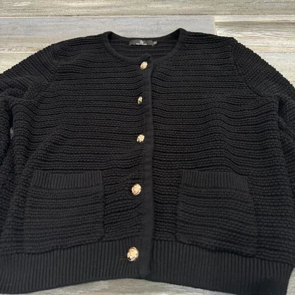 Lillusory Black Cardigan Sweater Gold Buttons Front Pockets Cable Knit Office M