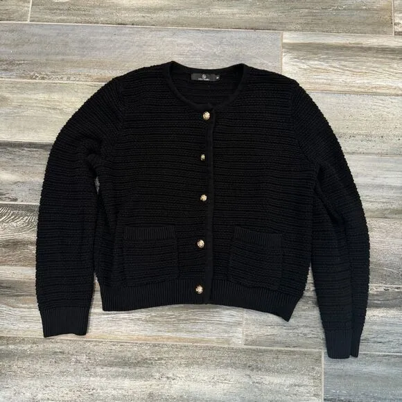 Lillusory Black Cardigan Sweater Gold Buttons Front Pockets Cable Knit Office M