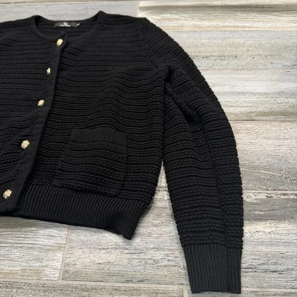 Lillusory Black Cardigan Sweater Gold Buttons Front Pockets Cable Knit Office M