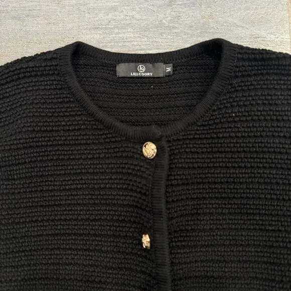 Lillusory Black Cardigan Sweater Gold Buttons Front Pockets Cable Knit Office M