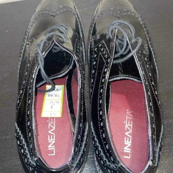 Line A Zeta Black patent leather wing tip shoes.  Size 37/6.5.
