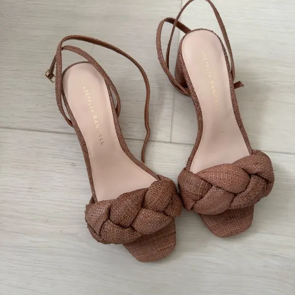 Loeffler Randall Avril Low Heel Sandals with Braid Woven Brown Ankle Wrap