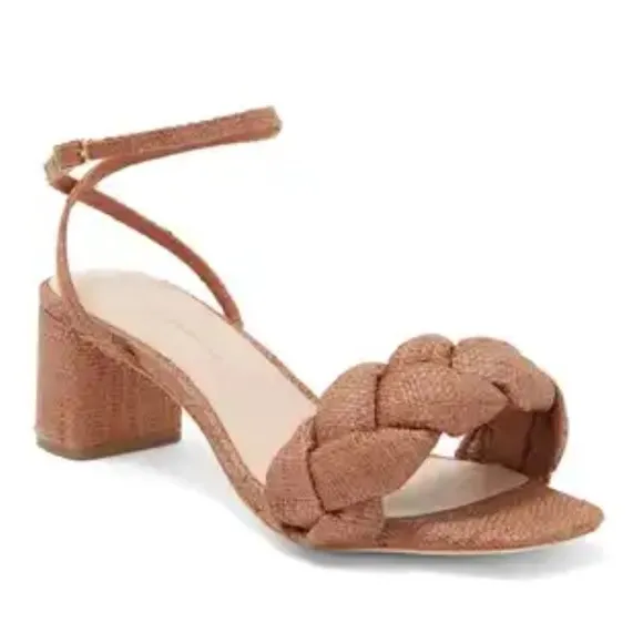 Loeffler Randall Avril Low Heel Sandals with Braid Woven Brown Ankle Wrap