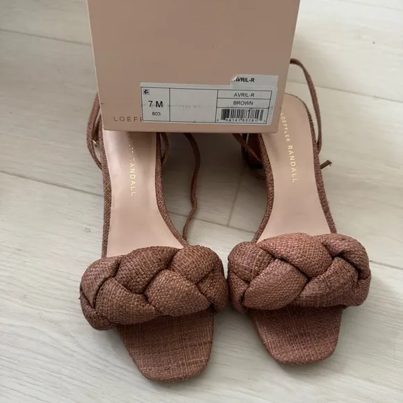 Loeffler Randall Avril Low Heel Sandals with Braid Woven Brown Ankle Wrap