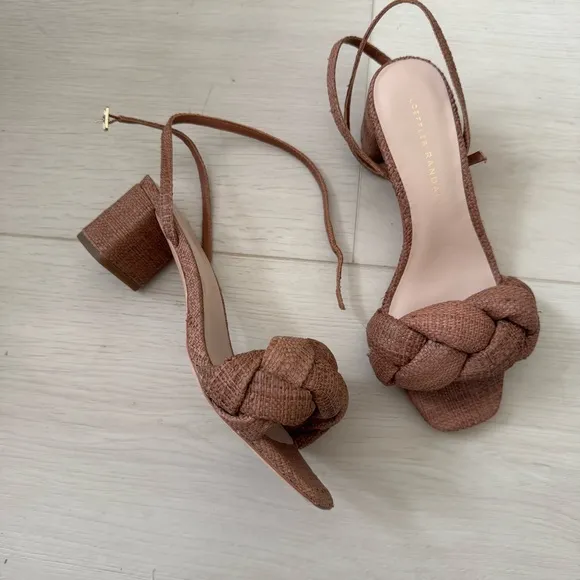 Loeffler Randall Avril Low Heel Sandals with Braid Woven Brown Ankle Wrap